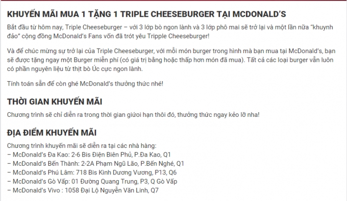 McDonald&rsquo;s khuyến m&atilde;i mua 1 tặng 1 Triple CheeseBurger