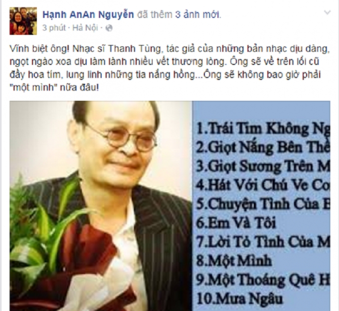 Facebooker Hạnh AnAn Nguyễn b&agrave;y tỏ sự tiếc thương trước sự ra đi của cố nhạc sỹ Thanh T&ugrave;ng. Ảnh chụp m&agrave;n h&igrave;nh.