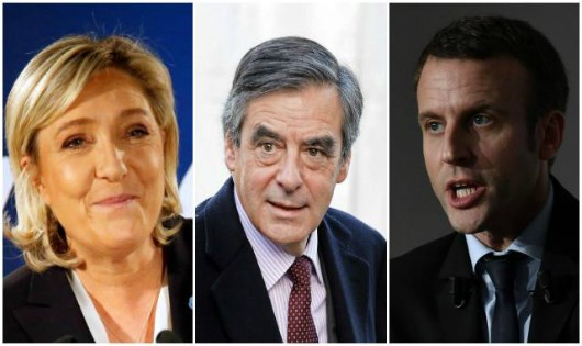 C&aacute;c ứng cử vi&ecirc;n Marine Le Pen (ngo&agrave;i c&ugrave;ng b&ecirc;n tr&aacute;i), Francois Fillon (giữa) v&agrave; Emmanuel Macron.