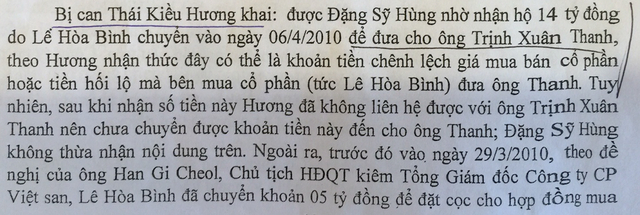 Lời khai về việc chia &ldquo;lộc&rdquo; cho Trịnh Xu&acirc;n Thanh (ảnh chụp từ tư liệu vụ &aacute;n).