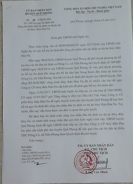 C&ocirc;ng văn số 90 của UBND huyện Quế Phong gửi UBND tỉnh Nghệ An về việc hỗ trợ gạo cho b&agrave; con.
