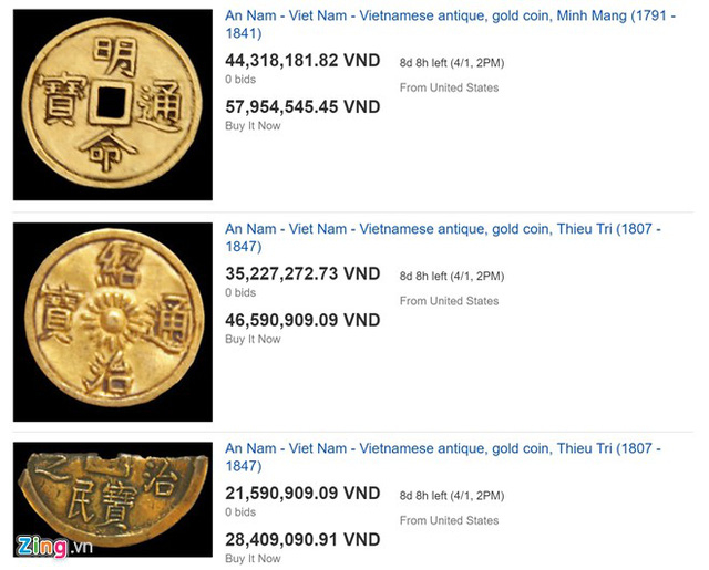 Nhiều đồng tiền v&agrave;ng cổ của Việt Nam được rao b&aacute;n tr&ecirc;n eBay. Ảnh chụp m&agrave;n h&igrave;nh.