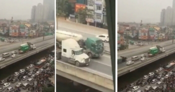 Hàng trăm tài xế bức xúc vì xe bồn và container dàn hàng, chạy "siêu chậm" tại đường trên cao