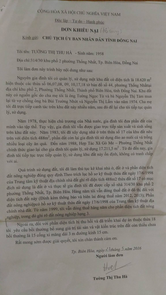 Đơn khiếu nại của b&agrave; Tường Thị Thu H&agrave; (người để lại đất thừa kế cho anh Huy, chị Thu Hằng)