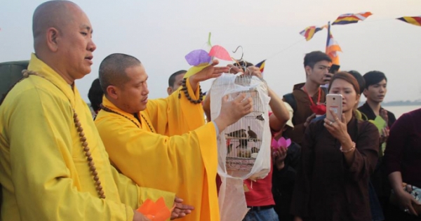 Hà Nội: Hàng trăm nhà sư và phật tử tham gia phóng sinh tại bến phà sông Hồng