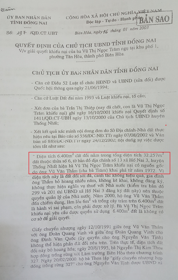 Quyết định của UBND tỉnh Đồng Nai khằng định nguồn gốc đất do &ocirc;ng Thấm khai ph&aacute;.