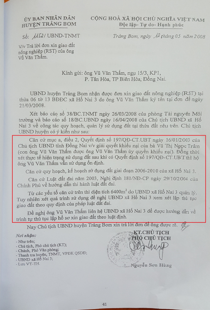 Quyết định của UBND huyện Trảng Bom cho rằng sau Quyết định số 197 của UBND tỉnh th&igrave; &ocirc;ng Thấm vẫn quản l&yacute; đất v&agrave; sử dụng