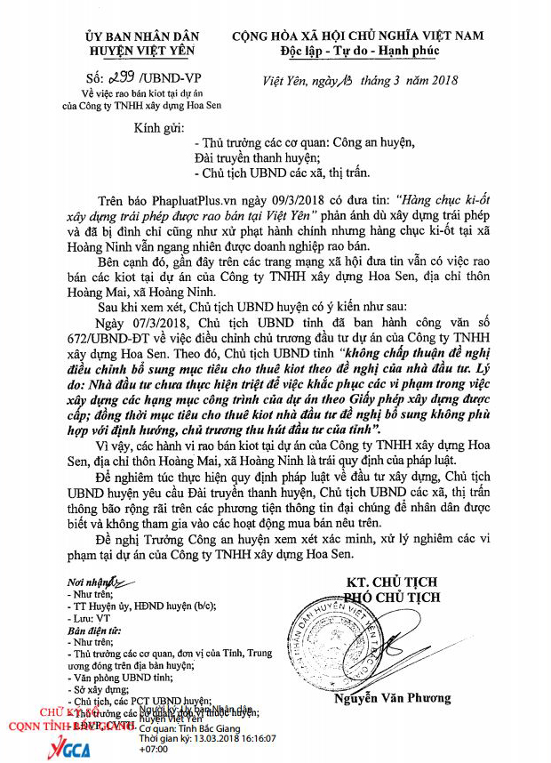 Văn bản của huyện Việt Y&ecirc;n về việc rao b&aacute;n ki-ốt của c&ocirc;ng ty TNHH x&acirc;y dựng Hoa Sen.