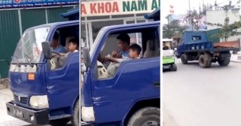Thanh Hóa: Hoảng hồn trước cảnh bố dạy con lái xe tải