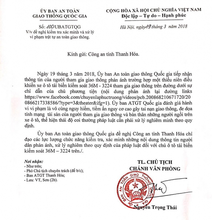 C&ocirc;ng văn của Ủy ban ATGT gửi C&ocirc;ng an tỉnh Thanh H&oacute;a. (Nguồn: UBATGT Quốc gia)