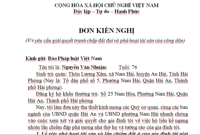 Đơn kiến nghị của &ocirc;ng Nguyễn Văn Nhuận gửi B&aacute;o ph&aacute;p luật Việt Nam.
