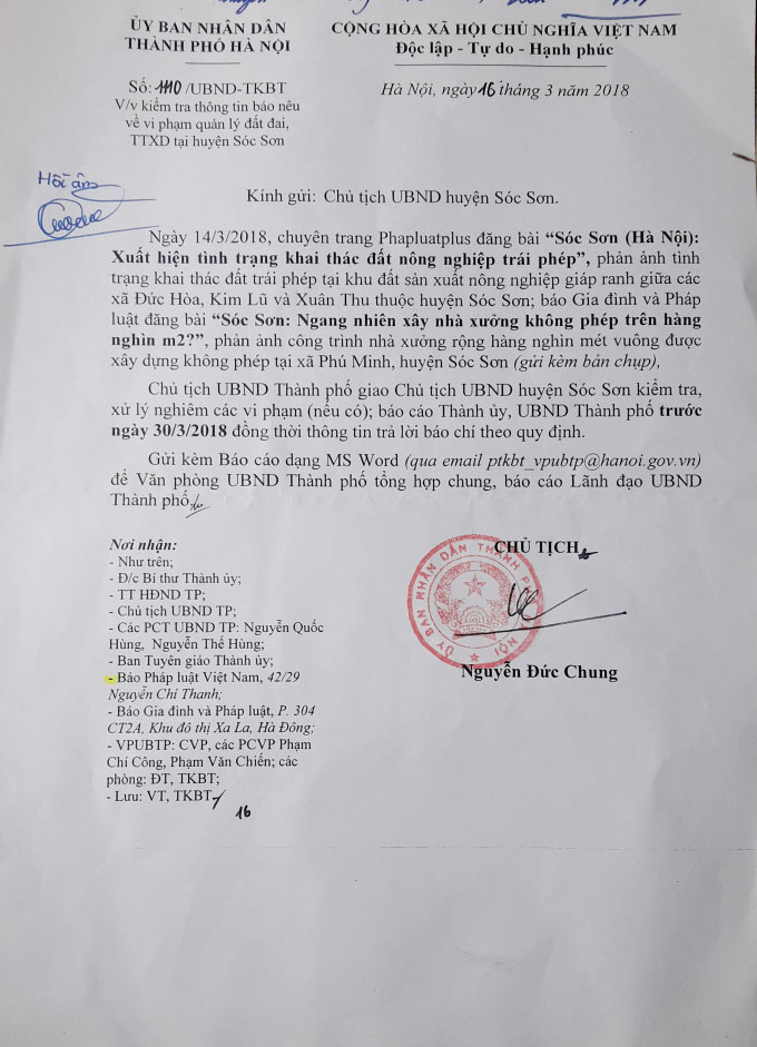 C&ocirc;ng văn chỉ đạo của Chủ tịch UBND TP H&agrave; Nội Nguyễn Đức Chung.