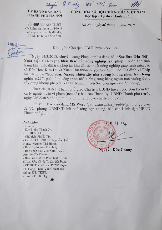 C&ocirc;ng văn chỉ đạo của Chủ tịch UBND TP H&agrave; Nội Nguyễn Đức Chung.