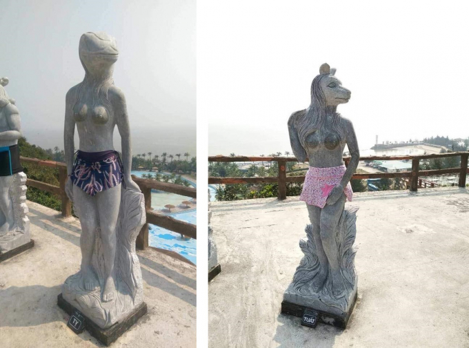 H&igrave;nh ảnh những bức tượng được phủ l&ecirc;n bởi những mảnh vải, quần bơi tại khu du lịch.