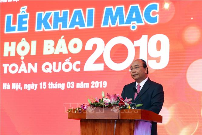 Thủ tướng Nguyễn Xu&acirc;n Ph&uacute;c ph&aacute;t biểu tại Lễ khai mạc Hội b&aacute;o to&agrave;n quốc năm 2019. Ảnh: Thống Nhất/TTXVN