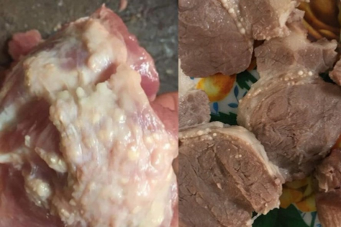 Phụ huynh Trường mầm non Thanh Khương cho rằng miếng thịt lợn nổi nhiều hạch trắng n&agrave;y đ&atilde; được sử dụng chế biến thức ăn cho trẻ.&nbsp;