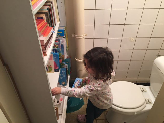 Tủ s&aacute;ch cho trẻ được đặt trong nh&agrave; vệ sinh của gia đ&igrave;nh Massa tại Lille, Ph&aacute;p