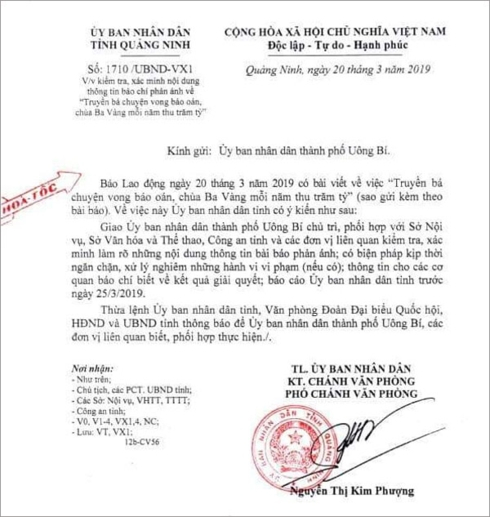 C&ocirc;ng văn của UBND tỉnh Quảng Ninh.&nbsp;