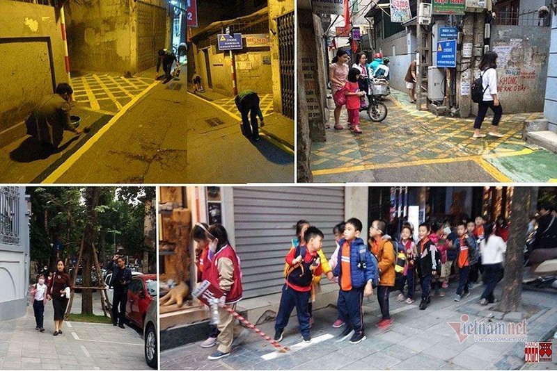 Các kiến trúc sư Hà Nội đang sơn đường vào buổi tối và trẻ em đi bộ an toàn trong ngõ tại phường Hạ Đình, quận Thanh Xuân. Trẻ em đi bộ an toàn trên vỉa hè phố Nhà Chung, phường Hàng Trống, quận Hoàn Kiếm… trước khi có dịch COVID.