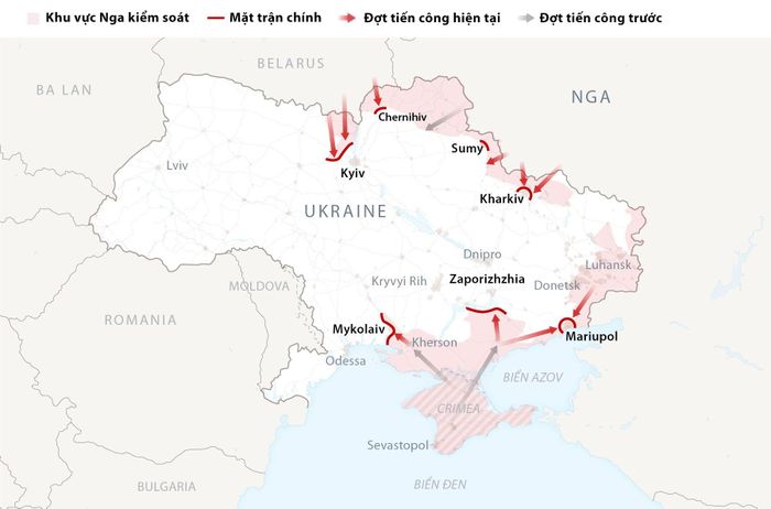 Khu vực Nga kiểm soát tính tới thời điểm 3h ngày 4/3 (giờ Việt Nam). Đồ họa: New York Times.