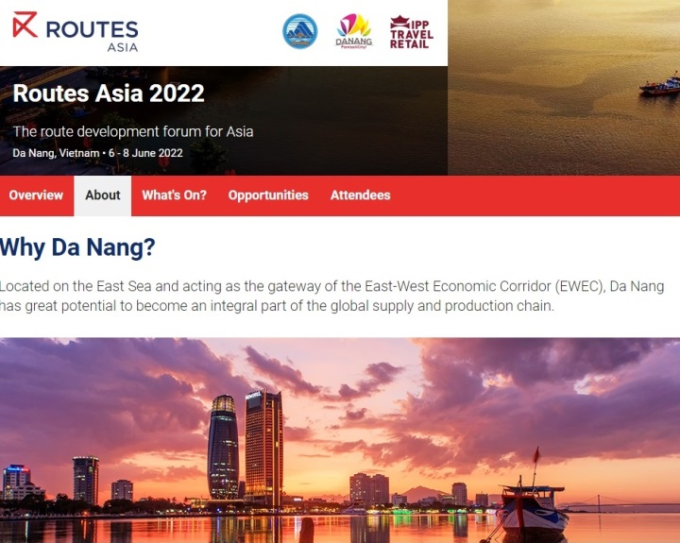 Diễn đàn phát triển đường bay châu Á 2022 - Routes Asia 2022 tổ chức tại Đà Nẵng được giới thiệu, quảng bá trên website chính thức của đơn vị tổ chức sự kiện Công ty Informa Routes, Manchester, Vương quốc Anh.