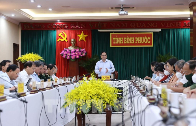 Thủ tướng Phạm Minh Chính làm việc với lãnh đạo chủ chốt tỉnh Bình Phước. Ảnh: TTXVN