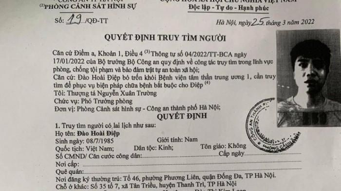 Phòng Cảnh sát hình sự, Công an TP Hà Nội ra quyết định truy tìm đối với Đào Hoài Điệp