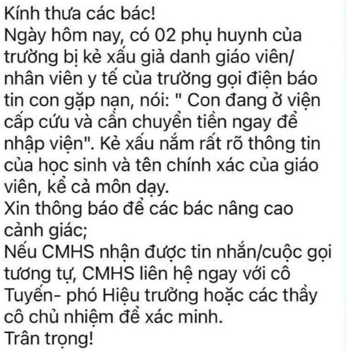 Trường THPT Chu Văn An (Hà Nội) đưa ra cảnh báo tới các bậc phụ huynh.