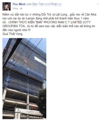 Thu Minh chia sẻ t&acirc;m trạng thất vọng của m&igrave;nh về 2 si&ecirc;u căn hộ tr&ecirc;n facebook.