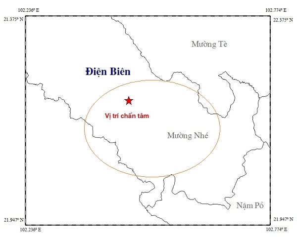 Bản đồ t&acirc;m chấn động đất vừa xảy ra ở huyện Mường Nh&eacute;, tỉnh Điện Bi&ecirc;n.