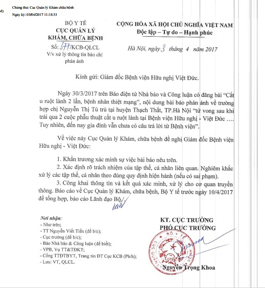 C&ocirc;ng văn Cục Quản l&yacute; Kh&aacute;m, Chữa bệnh gửi Gi&aacute;m đốc bệnh viện Việt Đức.