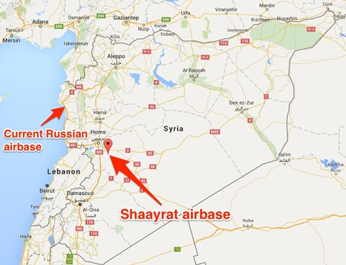 Vị tr&iacute; căn cứ kh&ocirc;ng qu&acirc;n Shaayrat, Syria. Đồ họa:&nbsp;Google Maps.