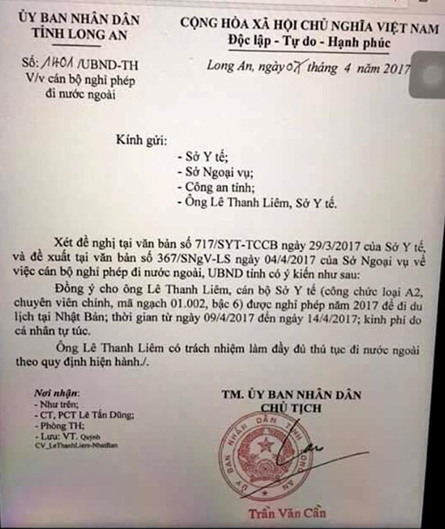 Văn bản của Chủ tịch UBND tỉnh Long An đồng &yacute; cho &ocirc;ng L&ecirc; Thanh Li&ecirc;m được nghỉ ph&eacute;p đi du lịch.