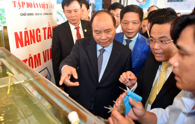 Thủ tướng thăm quan chất lượng t&ocirc;m giống của tập đo&agrave;n Việt-&Uacute;c.