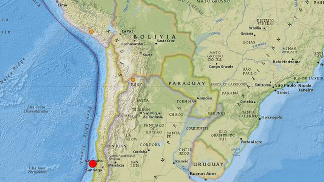 Trận động đất xảy ra ngo&agrave;i khơi bờ biển Chile, gần thủ đ&ocirc; Santiago. (Ảnh: USGS)