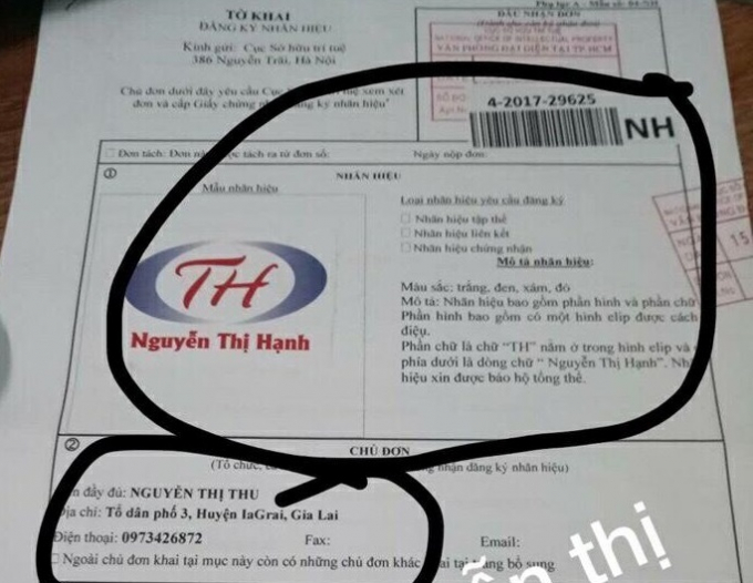Tờ khai của chị Nguyễn Thị Thu đăng k&yacute; nh&atilde;n hiệu với Cục sở hữu tr&iacute; tuệ.