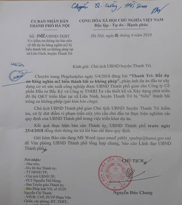 C&ocirc;ng văn của Chủ tịch UBND TP H&agrave; Nội.