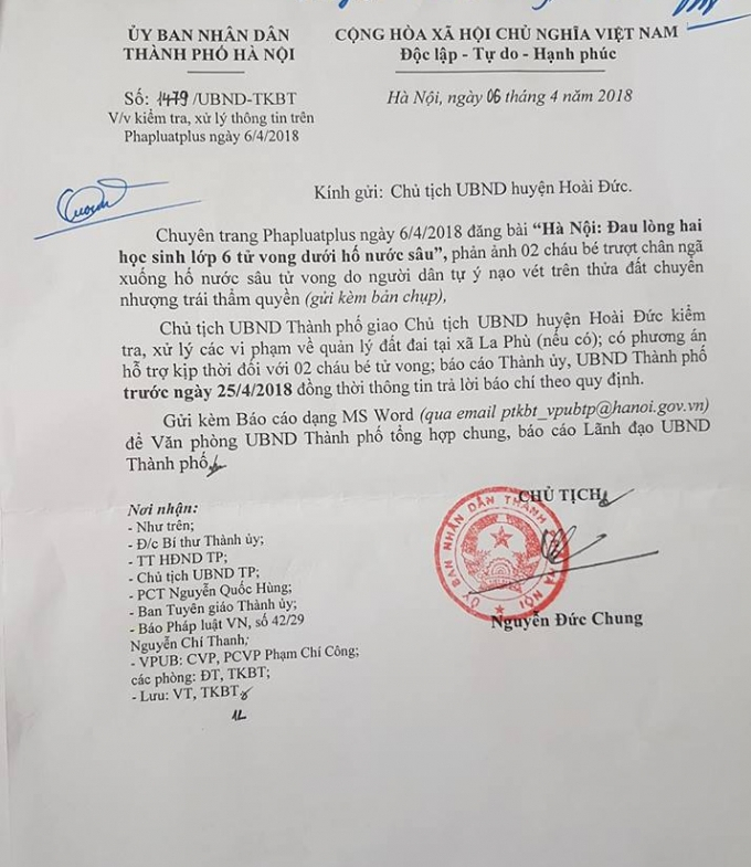 Văn bản chỉ đạo của Chủ tịch Nguyễn Đức Chung.