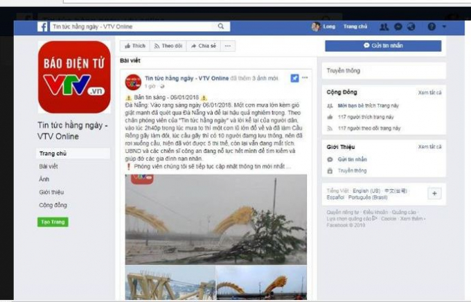 Một facebook giả mạo của VTV tung tin đồn thất thiệt về Đ&agrave; Nẵng.