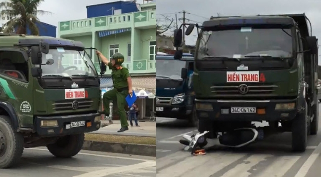 Chiếc xe tải bất chấp hiệu lệnh đ&acirc;m hỏng xe m&aacute;y của lực lượng CSGT.