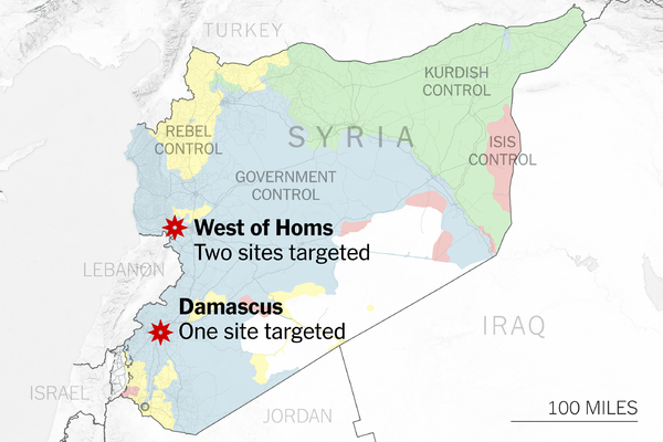 C&aacute;c mục ti&ecirc;u bị tấn c&ocirc;ng tại Damascus v&agrave; Homs (Ảnh: NYT)