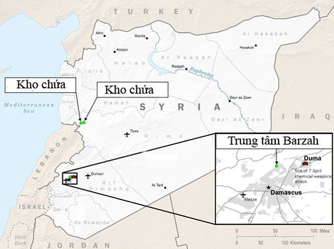 Ba mục ti&ecirc;u ở tỉnh Homs v&agrave; Damascus bị Mỹ v&agrave; đồng minh tấn c&ocirc;ng. Đồ họa:&nbsp;BQP Mỹ.