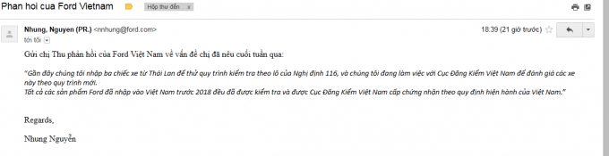 Email phản hồi rất chung chung v&agrave; ngắn gọn c&ugrave;a Ford Việt Nam.