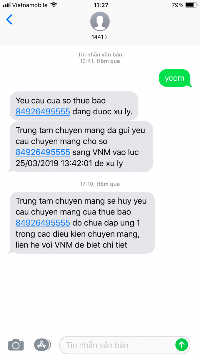 Tin nhắn phản hồi của Vietnamobile khi kh&aacute;ch h&agrave;ng nhiều lần gửi y&ecirc;u cầu chuyển mạng.&nbsp;