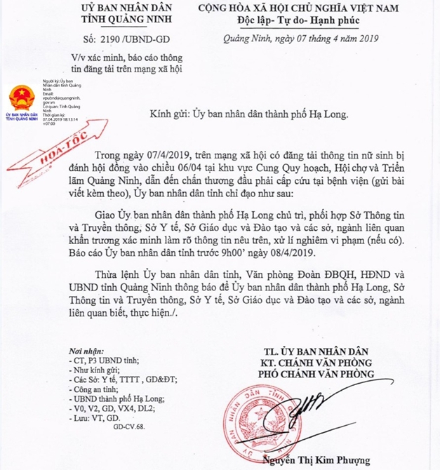 Văn bản chỉ đạo hỏa tốc từ UBND tỉnh Quảng Ninh y&ecirc;u cầu c&aacute;c cơ quan chức năng x&aacute;c minh, l&agrave;m r&otilde; sự việc.