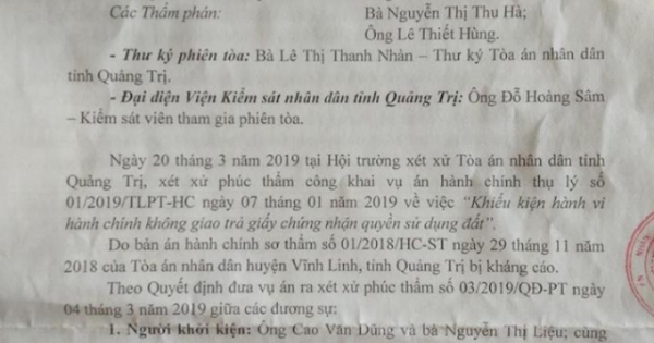 Quảng Trị: Vụ chính quyền "om" giấy CNQSDĐ, Tòa phúc thẩm hủy án sơ thẩm