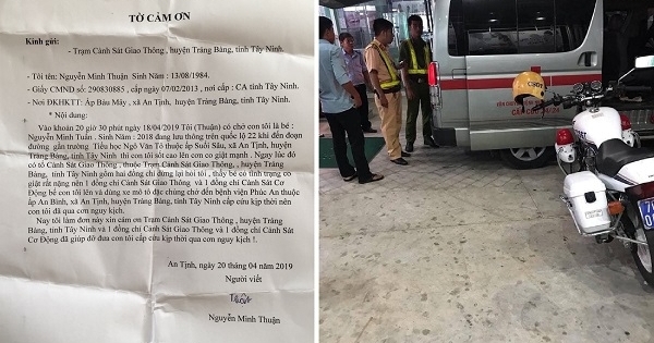 Gia đình cháu bé viết thư cảm ơn CSGT Tây Ninh dùng xe đặc chủng chở đi cấp cứu