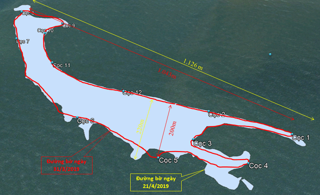 Bản đồ đảo nổi hiện tại. Phần viền đỏ l&agrave; diện t&iacute;ch đo được ng&agrave;y 31/3. Phần trắng l&agrave; phần đo được v&agrave;o ng&agrave;y 21/4