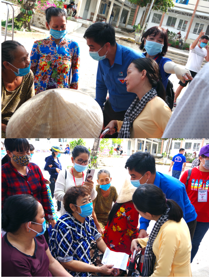 Nữ nhà văn Trần Trà My (áo bà ba) vượt gần 300 km để cùng Bí thư Tỉnh Đoàn Trần Quốc Duy (áo TNVN) đến thăm hỏi, động viên từng người dân đảo tham gia khám bệnh