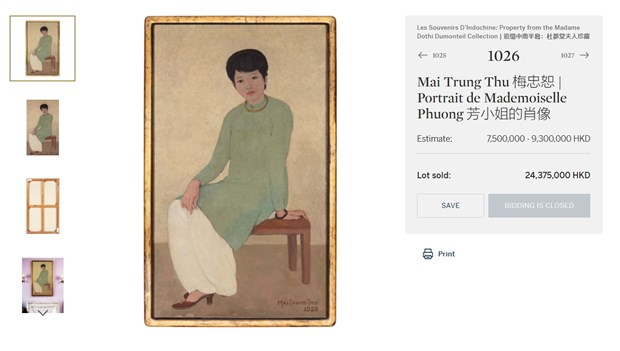 Bức 'Chân dung cô Phương' của họa sỹ Mai Trung Thứ được bán với giá hơn 24 triệu HKD, tương đương 3,1 triệu USD trên trang Sothebys.com. (Ảnh chụp màn hình)